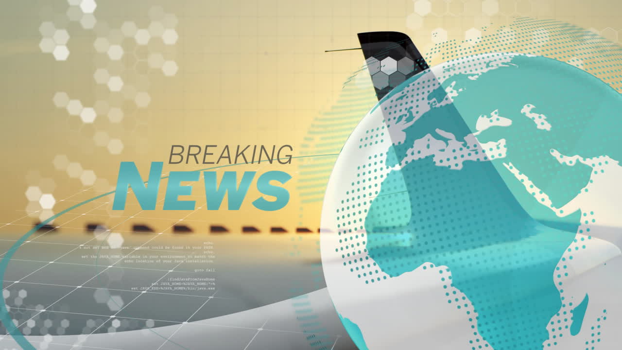 Breaking news animation with globe and abstract digital elements in background