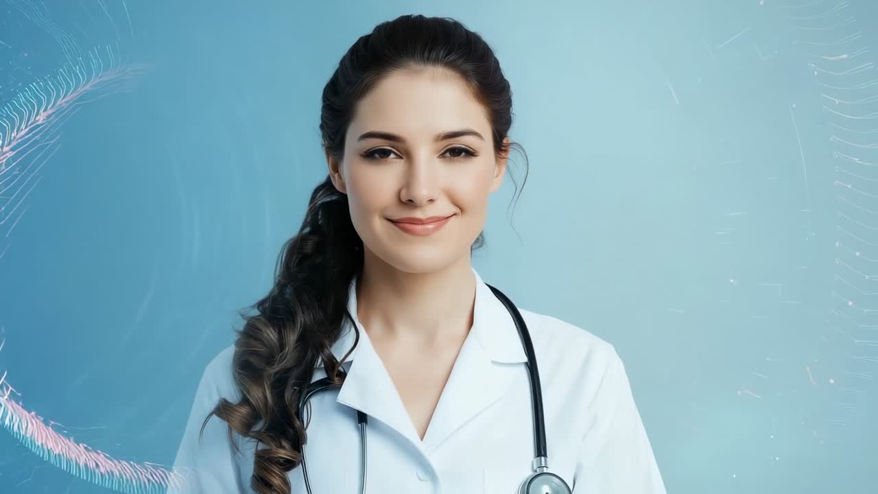 Profesional médico sonriendo, guiñando un ojo y manteniendo la mirada en un estudio con un estetoscopio y bata blanca