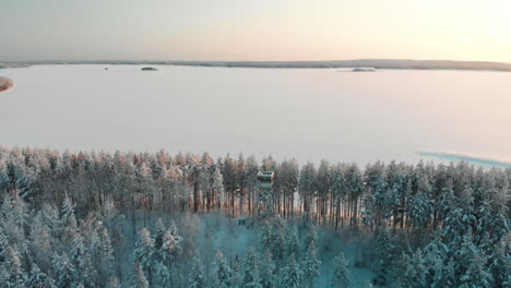 Aéreo,-Tiro-De-Drone,-Hacia-Una-Torre-De-Observación,-Entre-Un-Bosque-De-Pinos-Nevados,-El-Lago-Nevado-Pyhaselka,-De-Saimaa,-En-El-Fondo,-En-Una-Tarde-Soleada-De-Invierno,-En-Vuoniemi,-Karelia-Del-Norte,-Finlandia