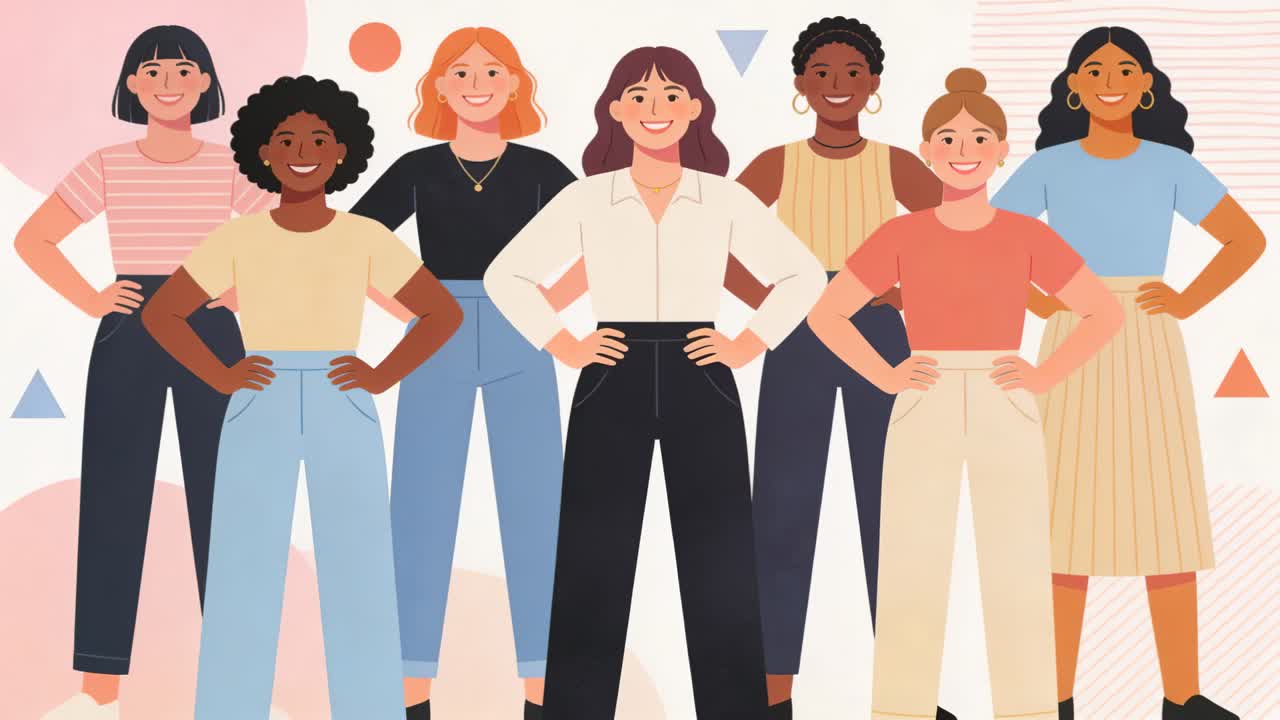 Opening camera revealing seven women posing hands on hips at pastel backdrop showing casual outfits