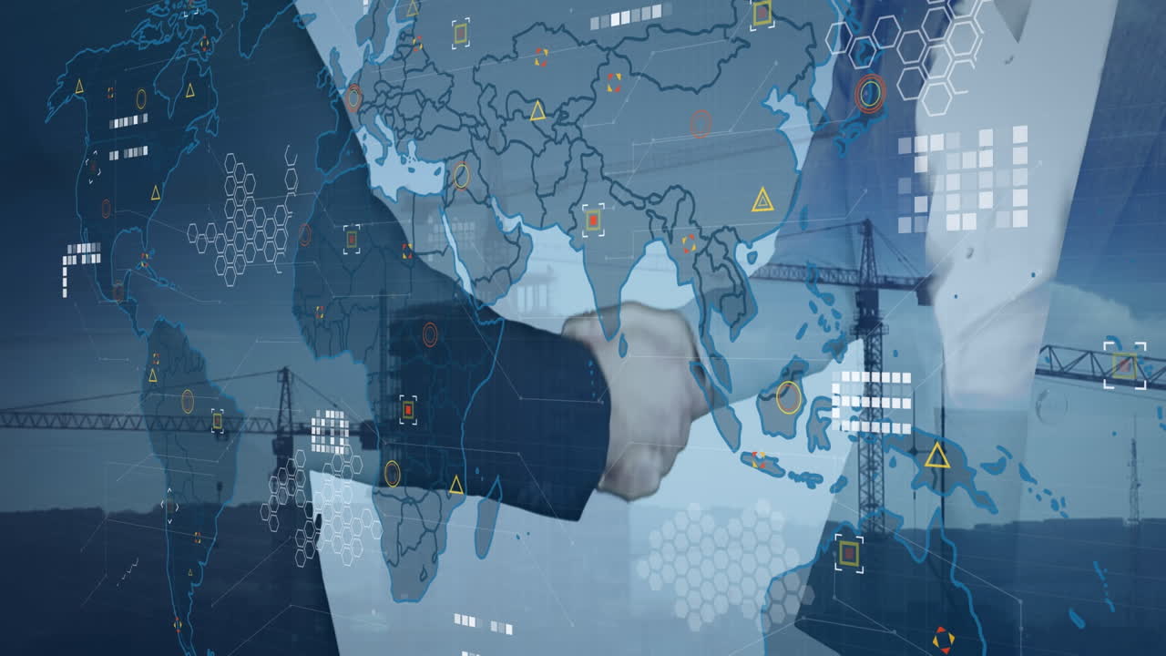 세계 지도의 애니메이션 상인들이 손을 흔들고 있습니다.