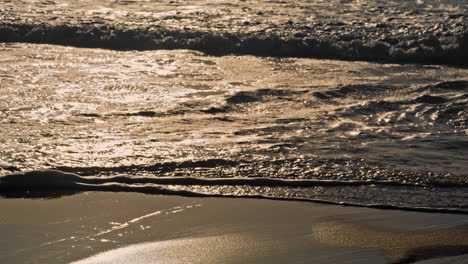 ocean waves washing sand beach on sunset. golden sunlight reflecting sea surface