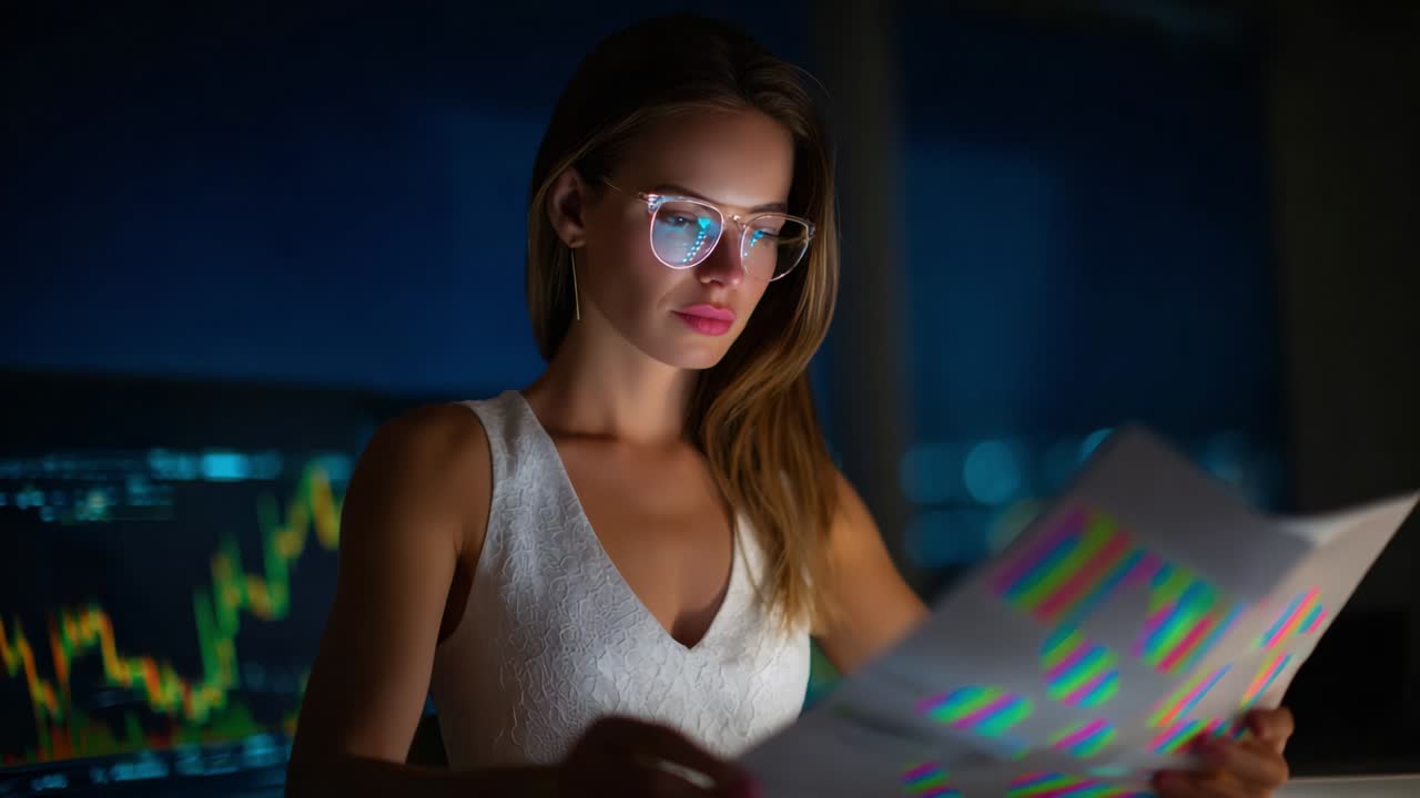 Focused Analysis: A Skilled Professional Examines Data Visualizations in Low-Light Conditions, Highlighting the Importance of Attention to Detail in Complex Information Analysis