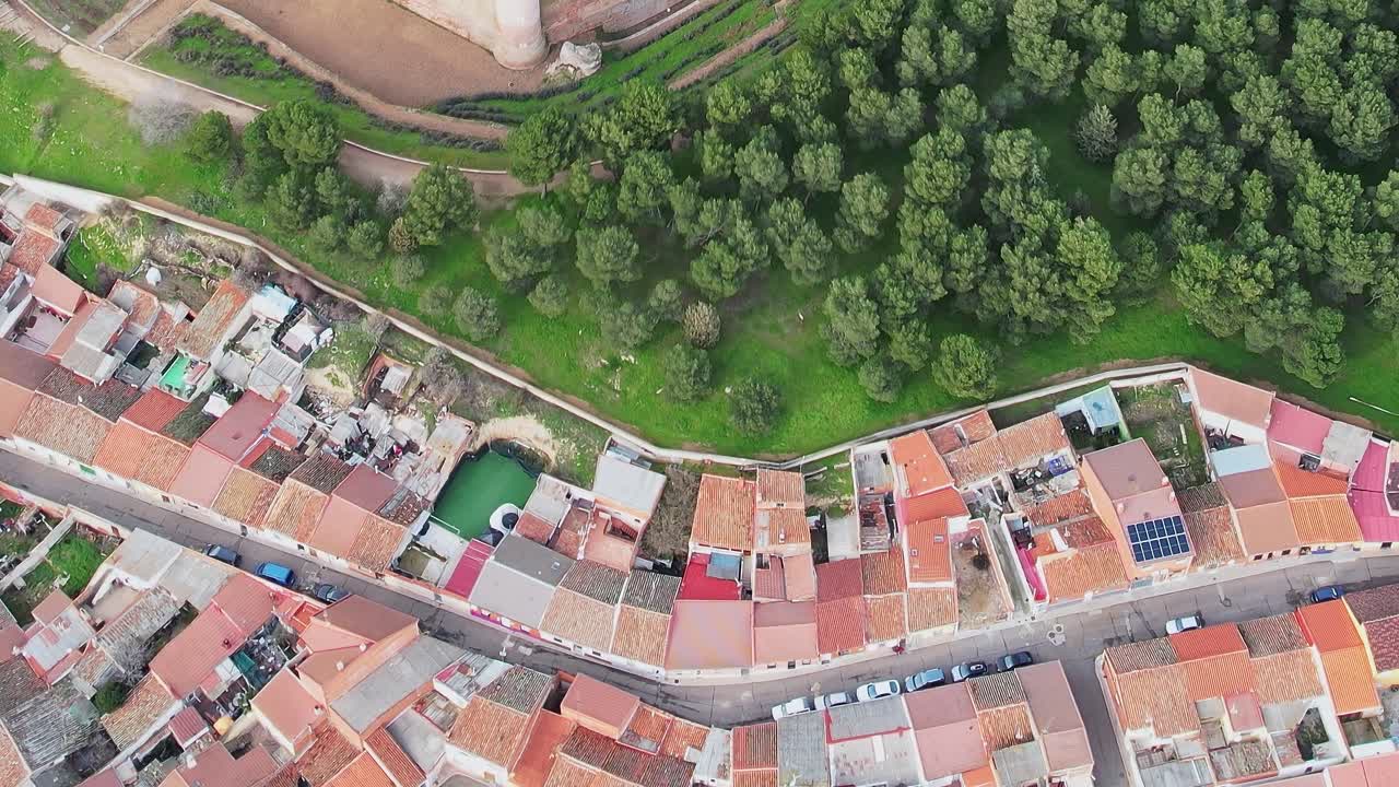 Vista aérea de pinheiros e muralhas de castelo