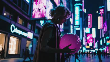 senior woman holding a purple sphere in a vibrant neon city at night