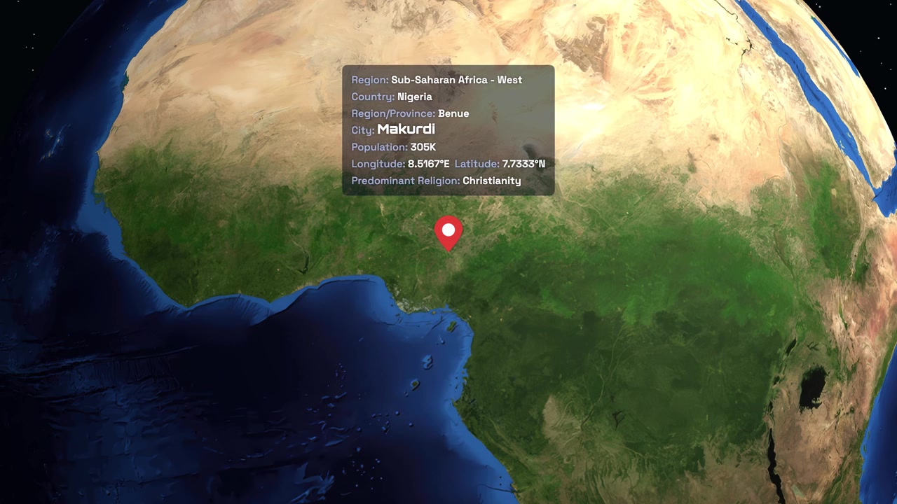 Digital globe rotates and zooms into West Africa, highlighting Makurdi, Nigeria with informational text