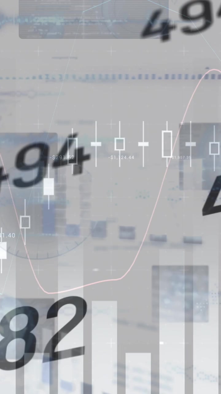 Animação de gráficos financeiros e números variáveis em fundo cinza