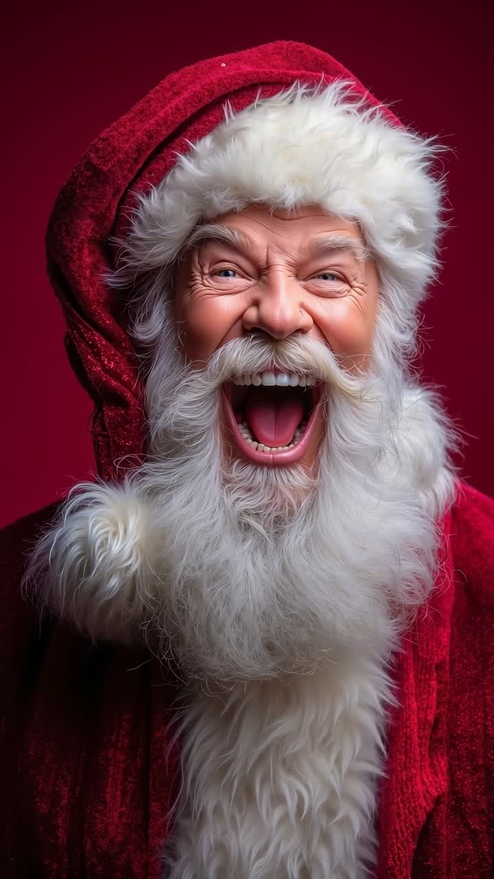 A man in a santa claus costume laughing with his mouth open