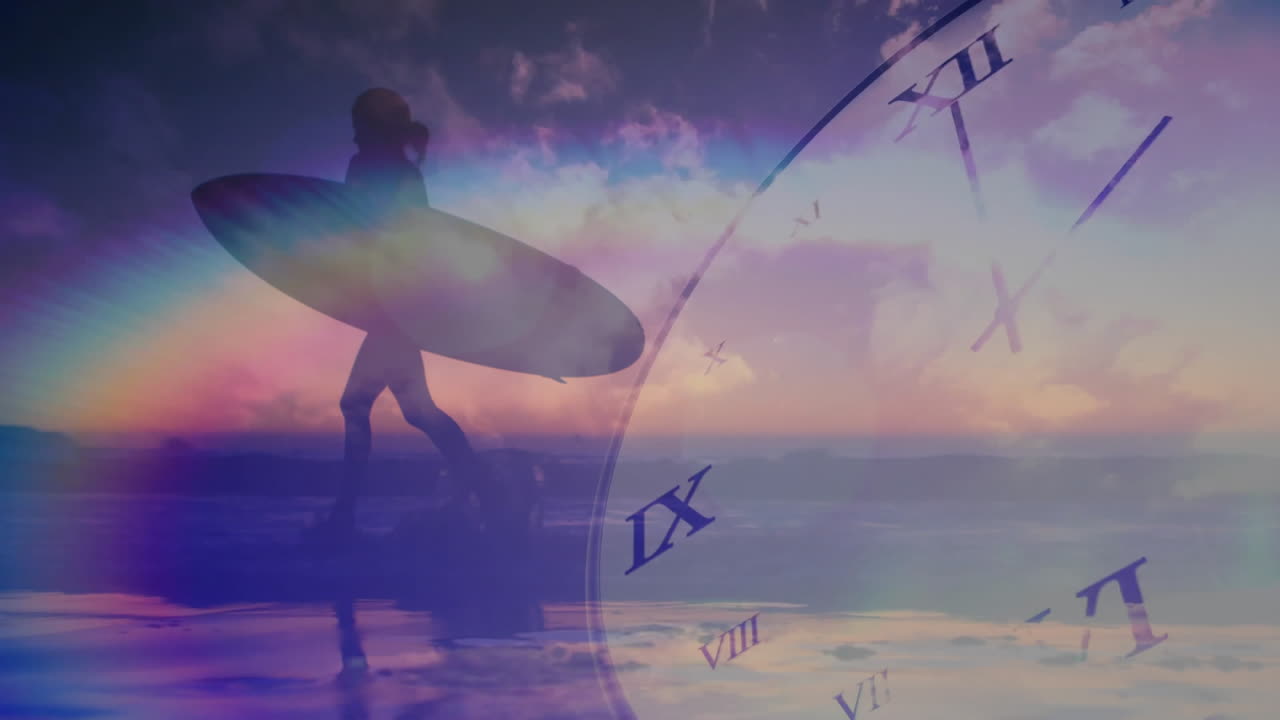 Animation of surfer holding board at sunset with clock face overlay