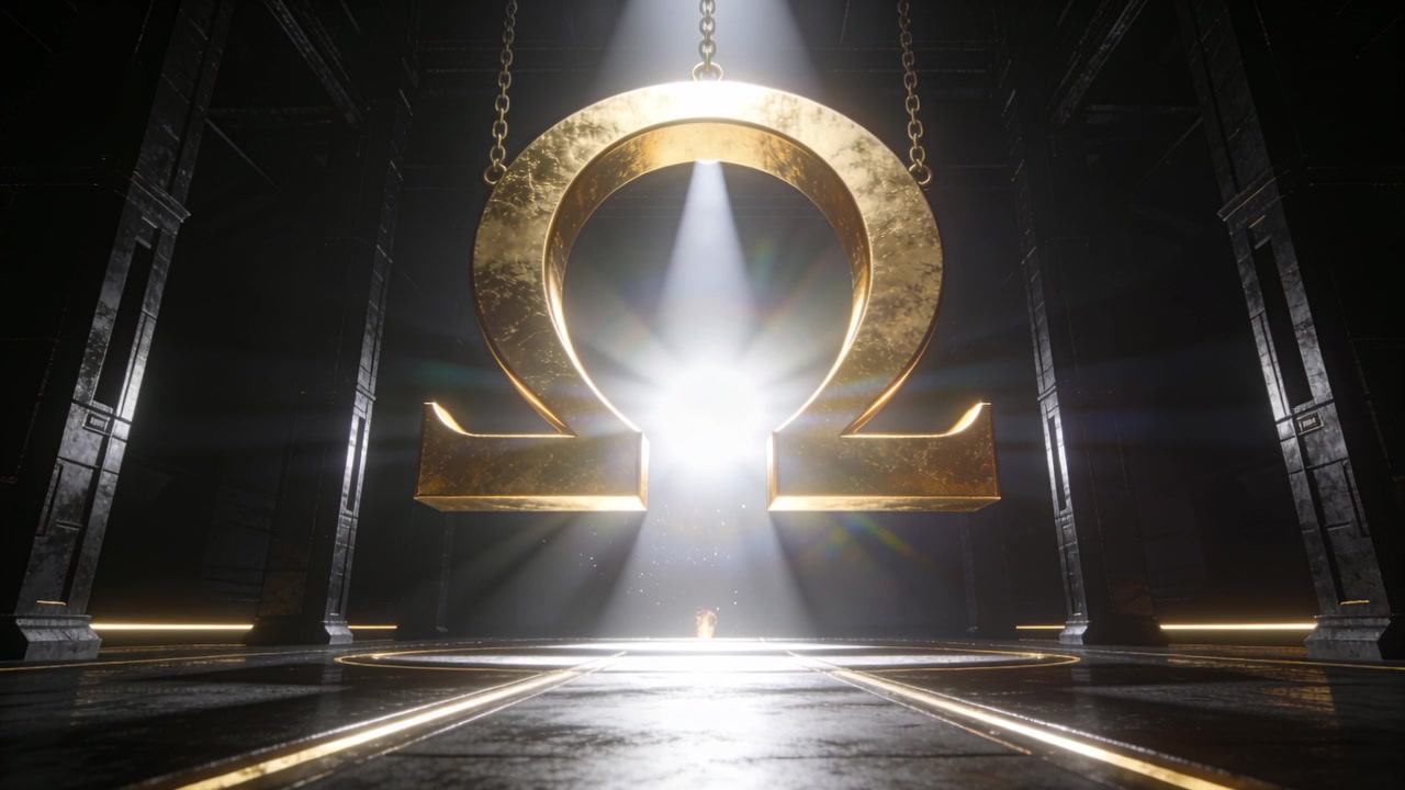 En stigande ljusstråle badar en upphängd guld-Omega-symbol i kammaren, kedjor bildar en ljuspunkt på golvet.
