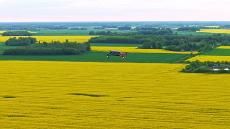 drone pov following drone flying over wide farmlands with yellow fields and clear tree lines on sunny rural land