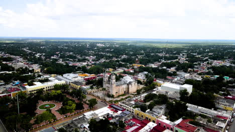 Aerial-orbital-shot-of-the-entire-town-of-Valladolid-in-Mexico