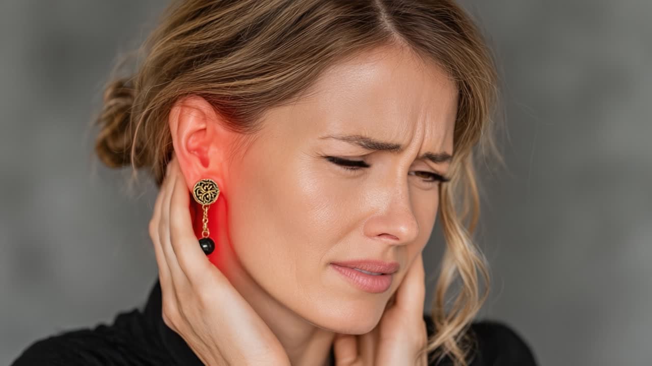 Disagio Emotivo: Una Donna che Prova Dolore all'Orecchio Mentre si Stringe la Testa, Evidenziando Frustrazione e Disagio in un Primo Piano