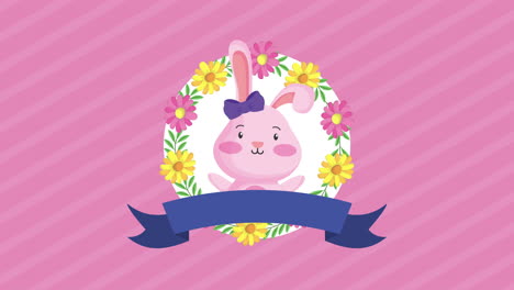 feliz tarjeta animada de pascua con conejo lindo y flores