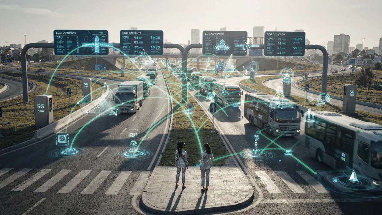 Esplorando l'intersezione tra tecnologia e trasporti: una visione di veicoli connessi e infrastrutture per smart city in un moderno paesaggio urbano.
