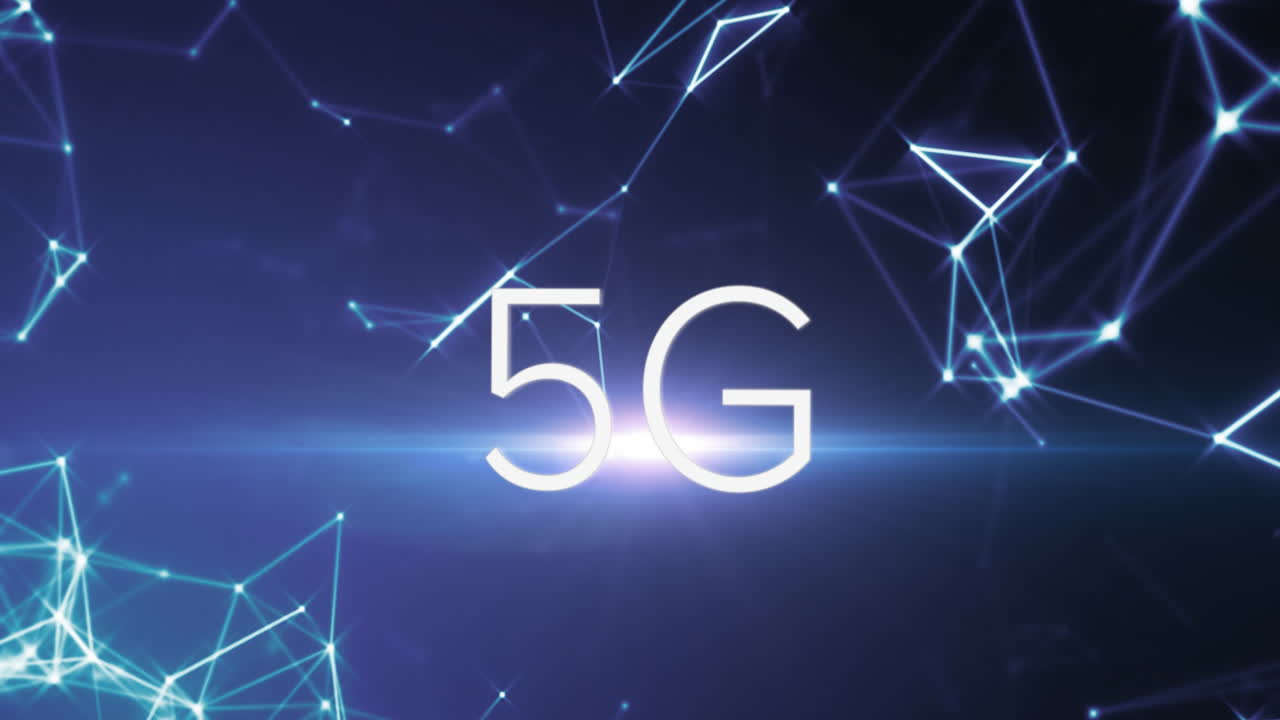animazione di testo 5g con flares di lenti e punti collegati su sfondo astratto