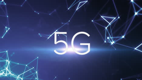 animation of 5g text with lens flares and connected dots over abstract background