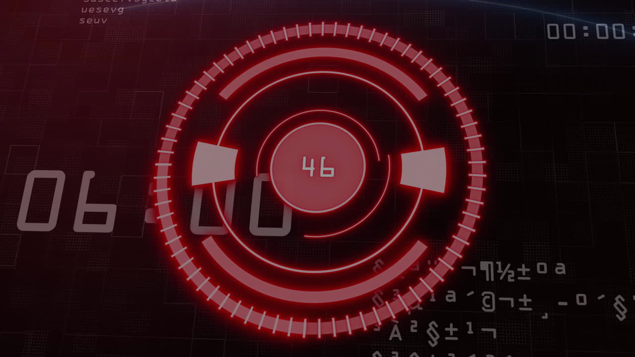 백그라운드에서 숫자와 데이터 처리가 있는 빨간색 원형 진행 바 애니메이션
