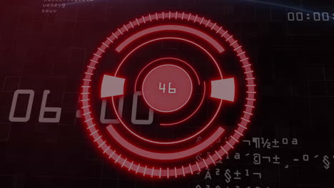 red circular progress bar animation with numbers and data processing in background