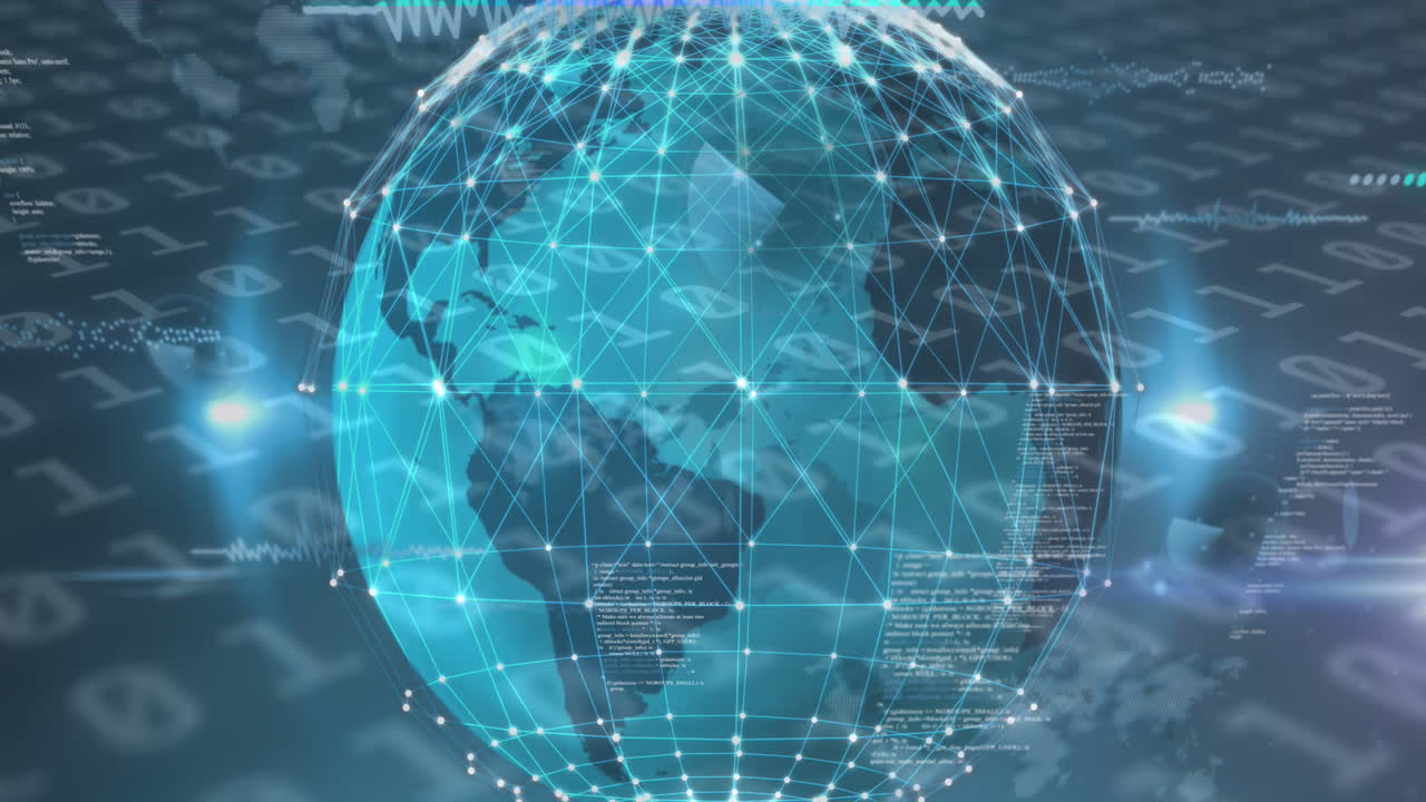 Animation of globe of connections and data processing on black background