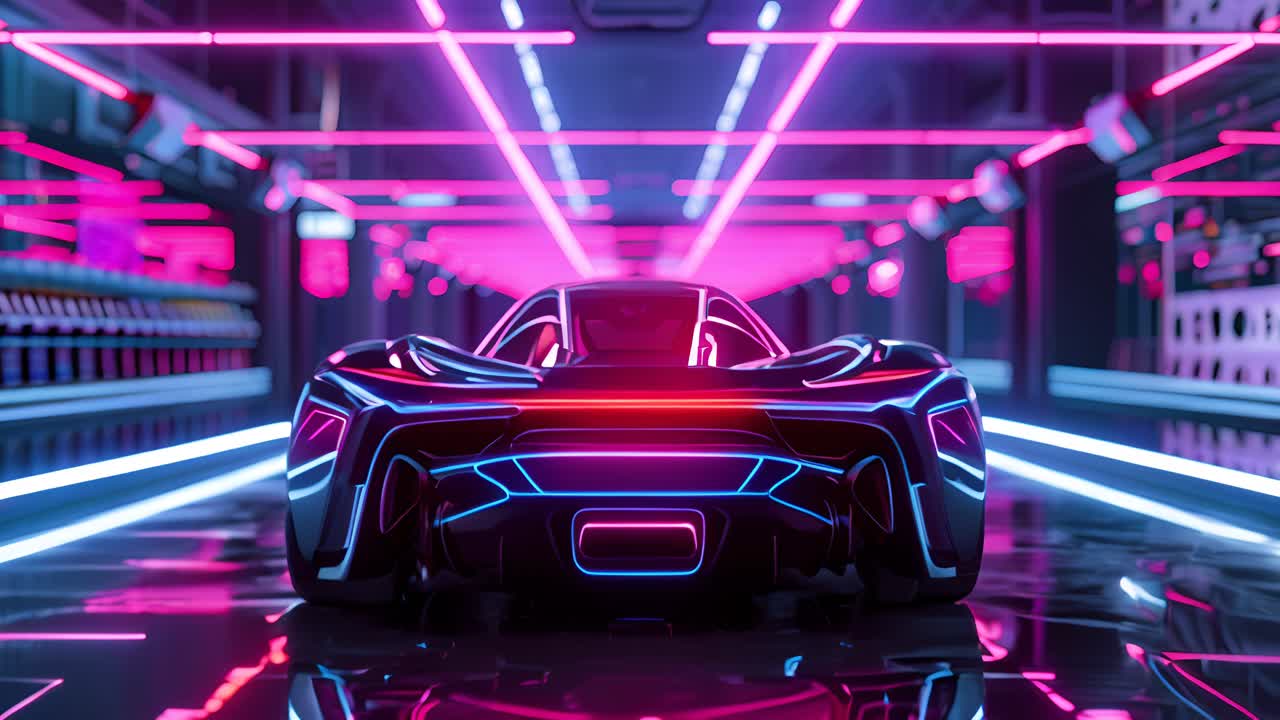 Futuristic Electric Car in a Neon-Lit Garage