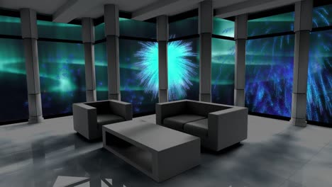 animation of modern interior with blue christmas and new year fireworks exploding in night sky