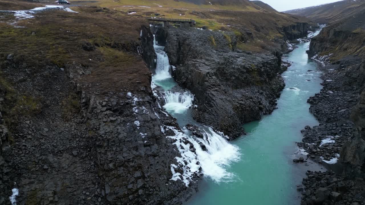 Stu&eth;lagil Canyon spectacular Basalt Columns dynamic aerial