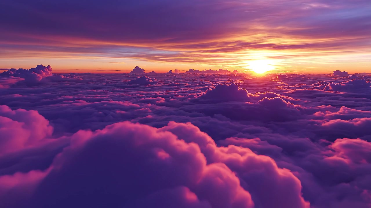 Vista cinematografica del tramonto sopra un denso mare di nuvole viola
