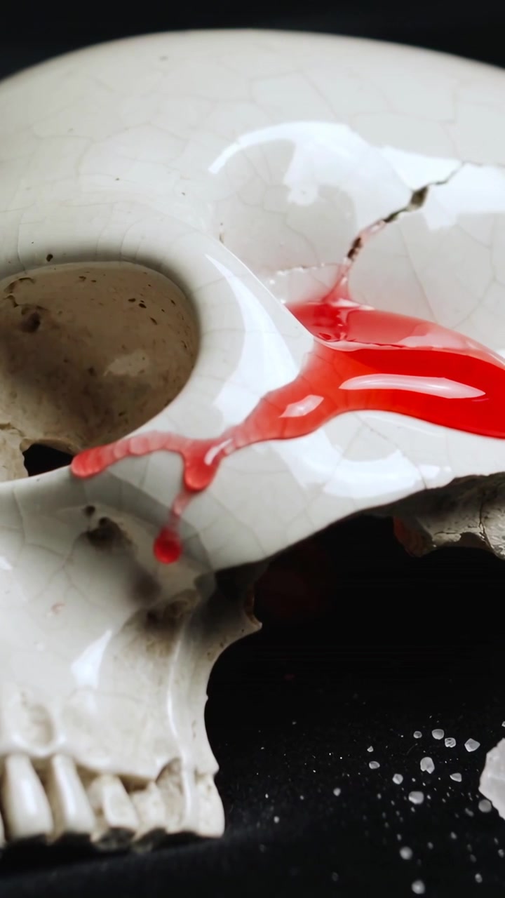 Vertical video: Ribbon appearing, red liquid flowing over ceramic skull on dark base showing crack