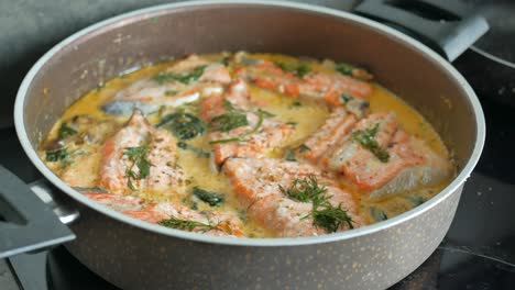 salmon with cream sauce in a pan