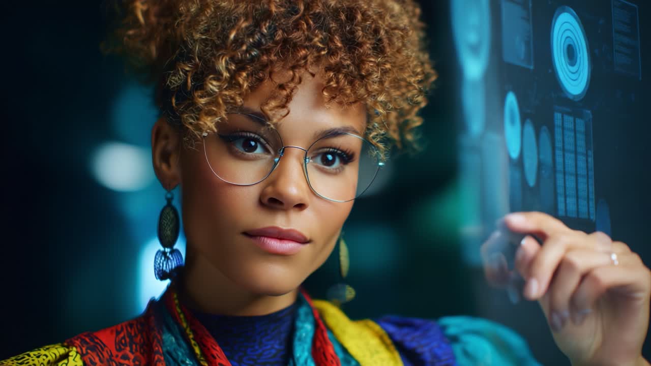 A young woman with curly hair and glasses interacts with a digital interface, showcasing a blend of technology and creativity in an engaging atmosphere