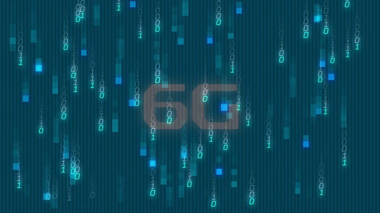 Animation of binary code and 6G text over digital data stream background
