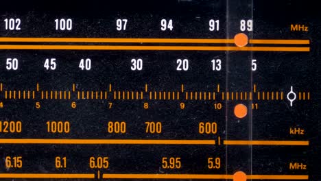tuning analog radio dial frequency on scale of the vintage receiver