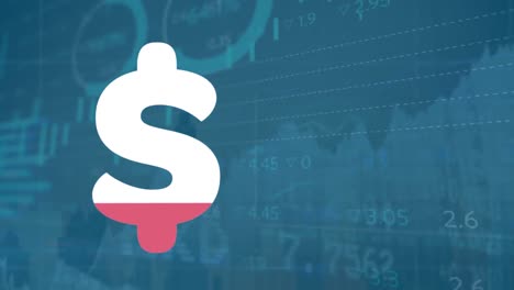 animation of dollar symbol filling up and stock market data processing against blue background