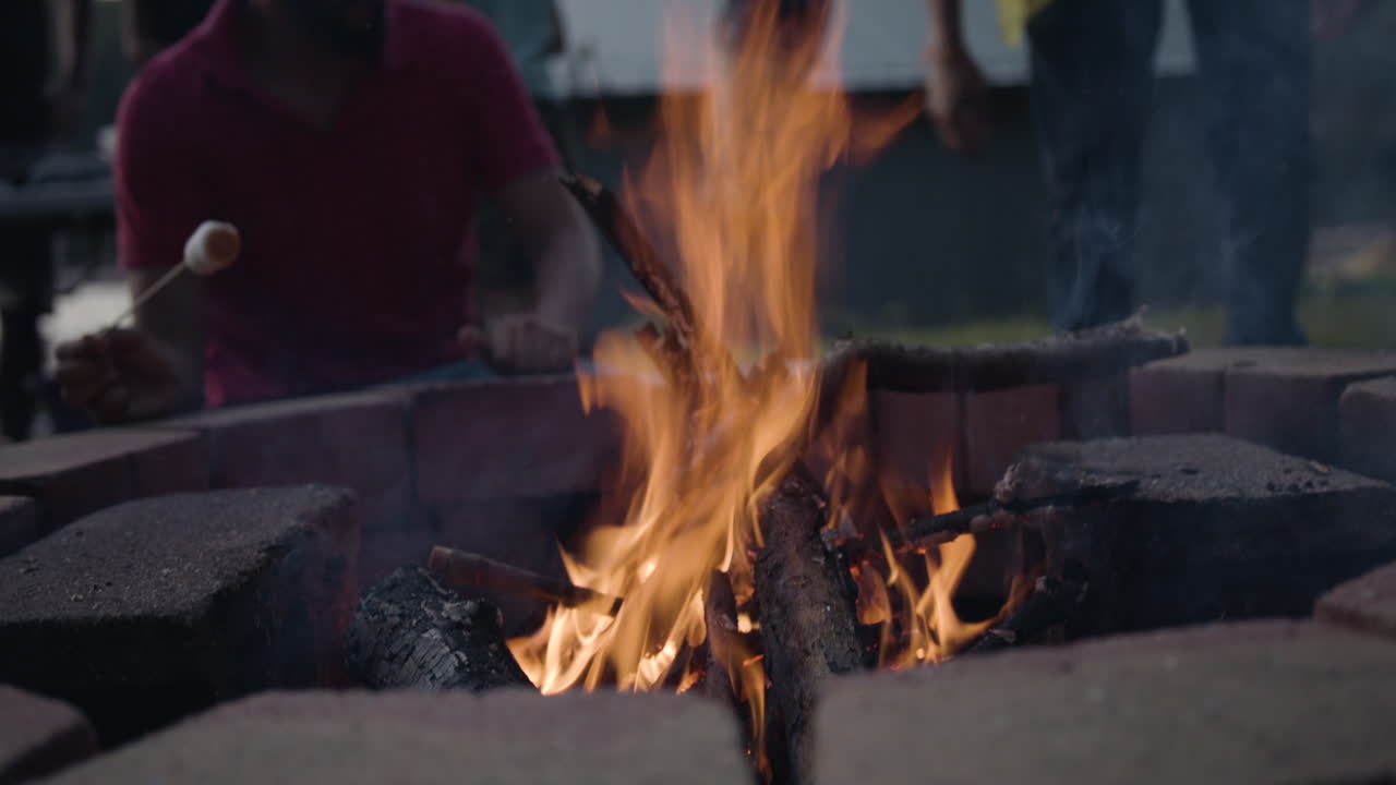 Kids roasting marshmallows in roaring campfire (medium shot)