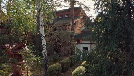 rustic log cabin in a wooded garden