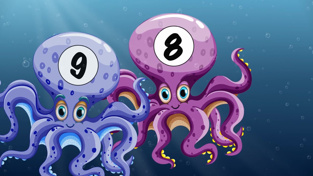 Polpi animati colorati con teste numerate nuotano su uno sfondo subacqueo blu con raggi di luce