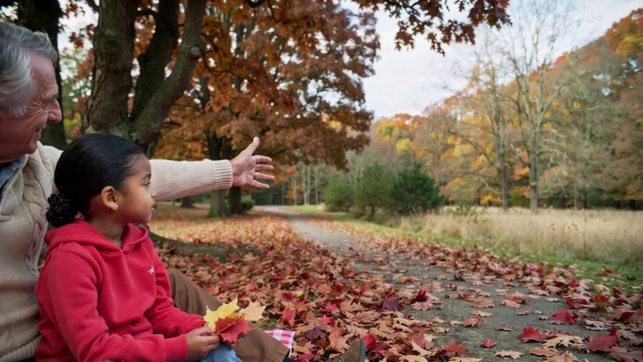 Un nonno indica il sentiero e mostra gli alberi a un bambino con la felpa, che tiene delle foglie, seduti su una coperta al parco.