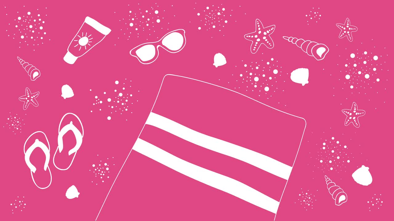 fondo de verano animado con objetos de playa dibujados a mano blanca en rosa