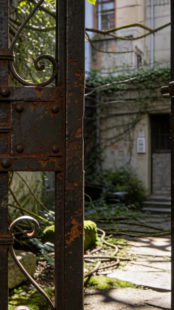 Rusted gate swinging open, camera moving forward, revealing mossy courtyard details for property