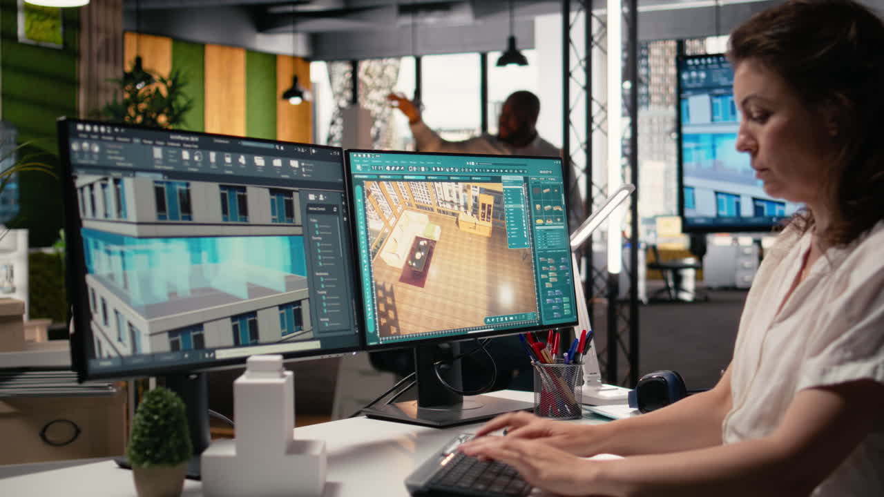 Real estate developer reviews architectural layouts on dual monitors