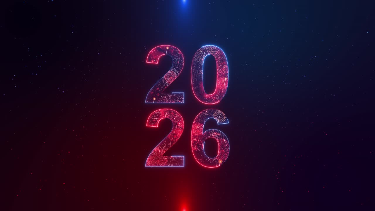 Happy new year 2026 firework golden glitter stars particle animation bokeh modern shimmering