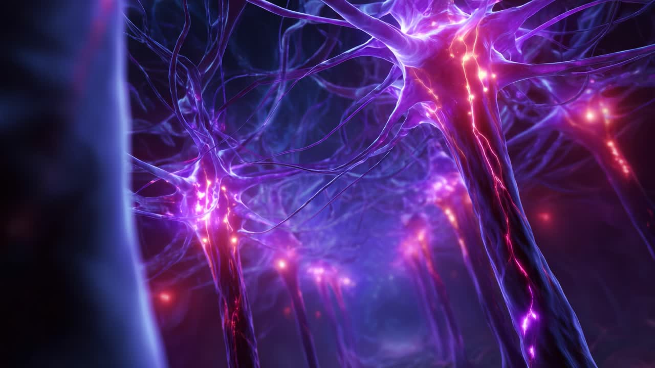 Dynamic Visualization of Neural Structures Illustrating Signal Transmission Between Neurons with Vibrant Colors and Complex Design in a 3D Environment