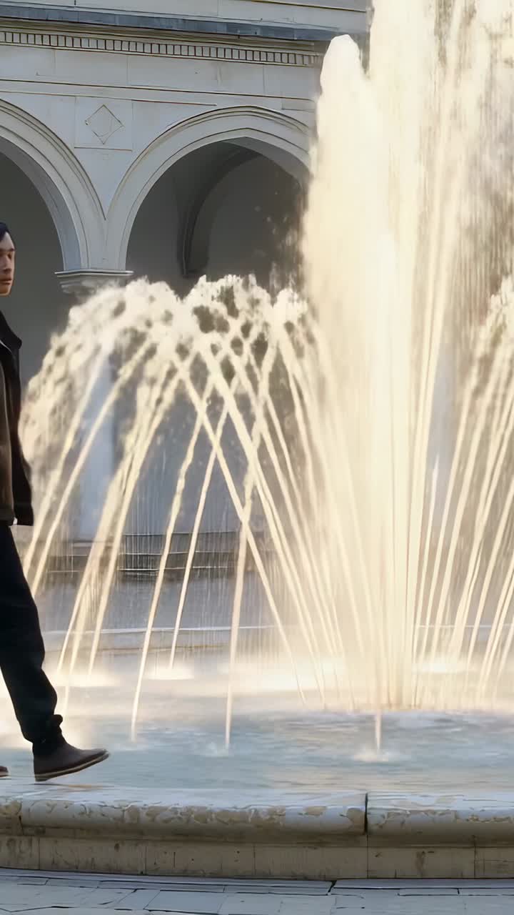 Vídeo vertical: fuente ciclista elevando el chorro central en la plaza, hombre con chaqueta oscura pasando por la base