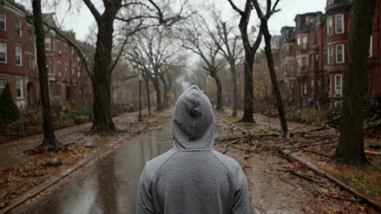 Una figura solitaria si erge in mezzo a una strada desolata e bagnata dalla pioggia, fiancheggiata da alberi spogli ed edifici scarsamente illuminati. La scena evoca un senso di introspezione e isolamento.