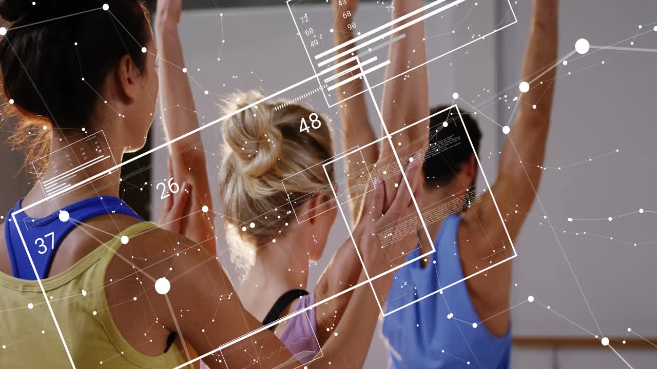 Woman doing arms-up stretch in fitness class third joining coach touching back updating HUD numbers