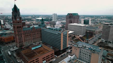 rising aerial of milwaukee downtown, wisconsin, usa