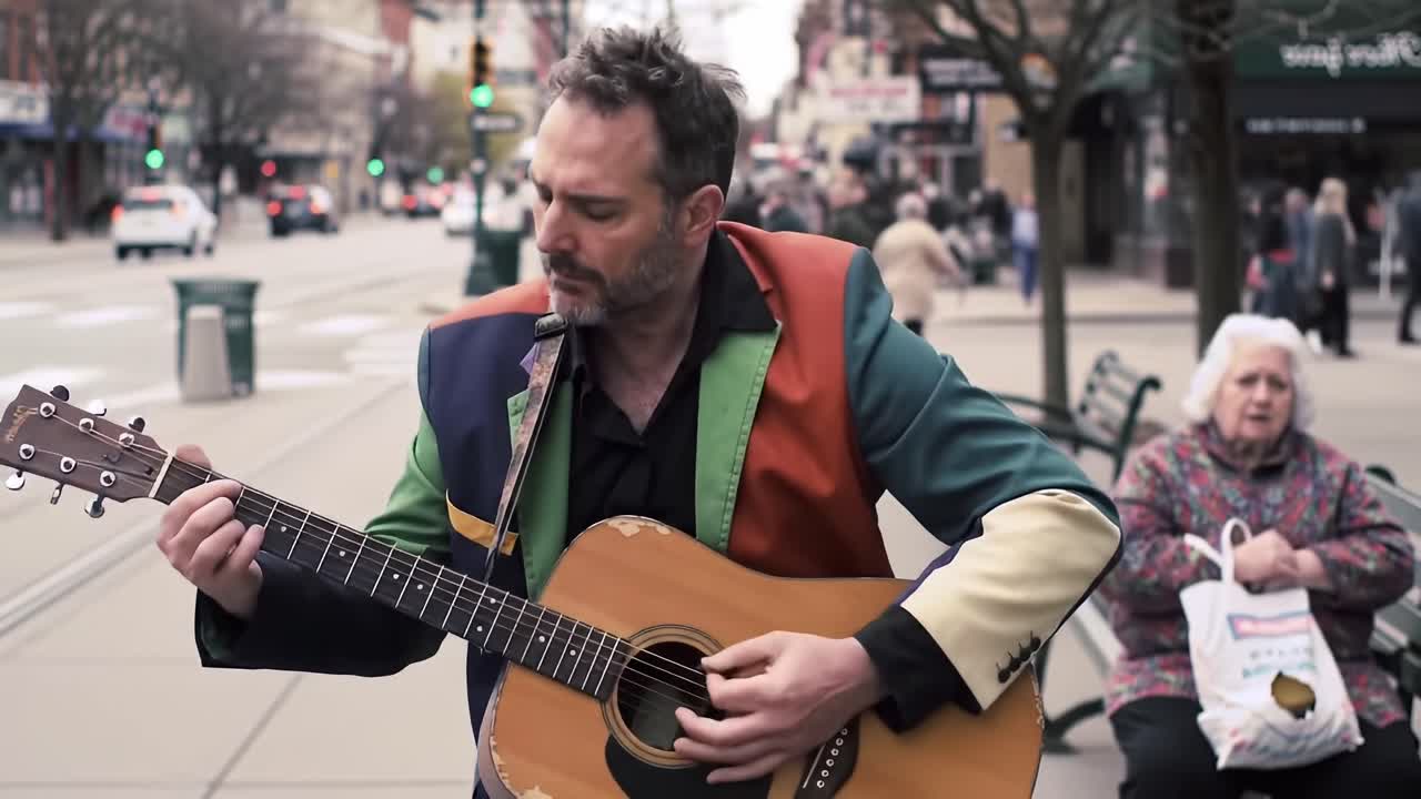 A Street Performer Captivates Passersby with Melodies from His Guitar, Infusing Life and Color into the Urban Scene in a Vibrant Performance