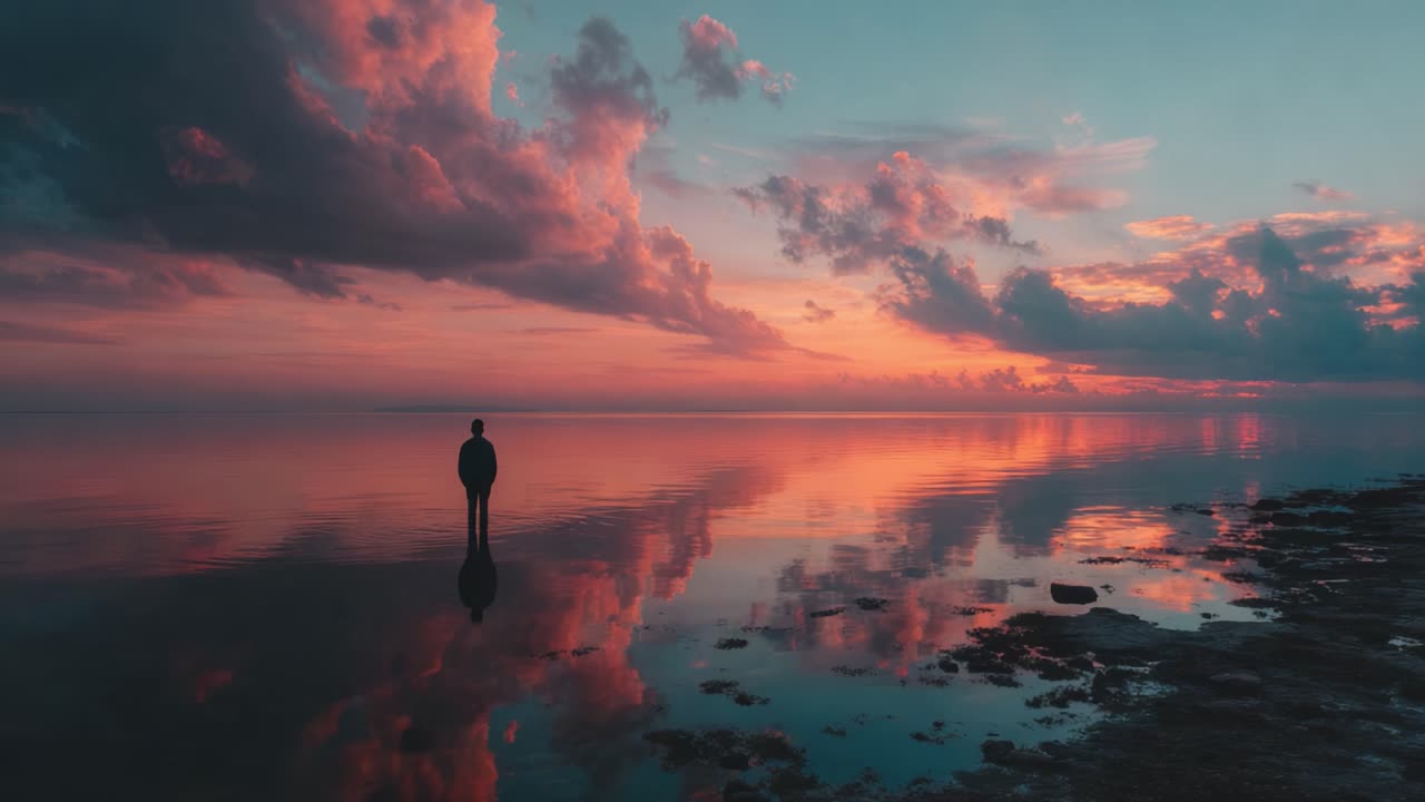 A solitary figure stands at the water's edge, surrounded by a breathtaking sunset reflecting on calm waters, creating a serene atmosphere of peaceful contemplation