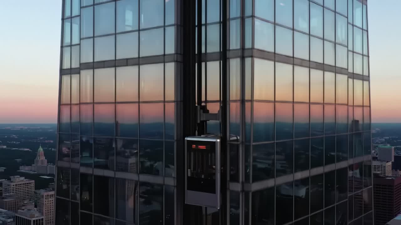 An elevator ascends a tall glass building, showcasing a stunning view of the skyline and vibrant sunset colors reflecting on the windows. The city buzzes below as the evening approaches.
